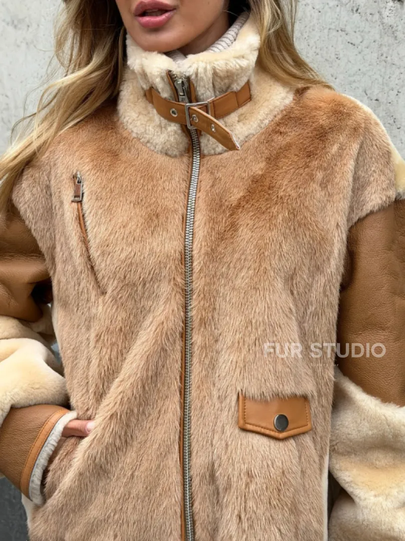 Комбинированная дубленка из овчины и норки