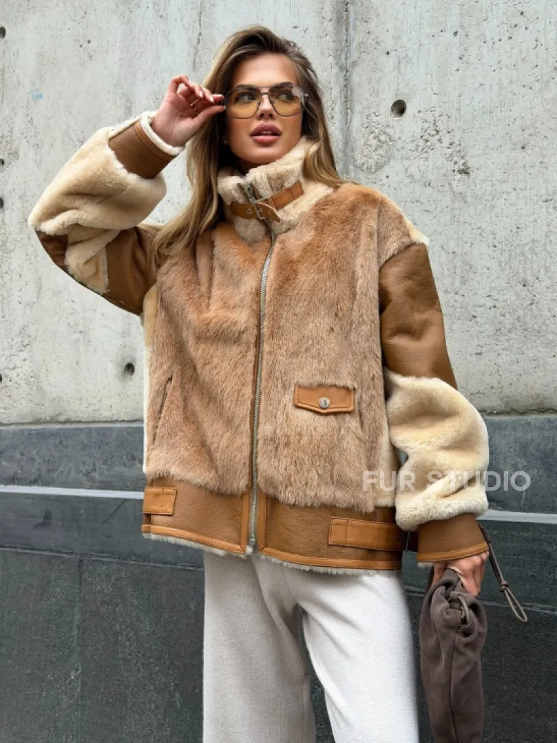 Комбинированная дубленка из овчины и норки