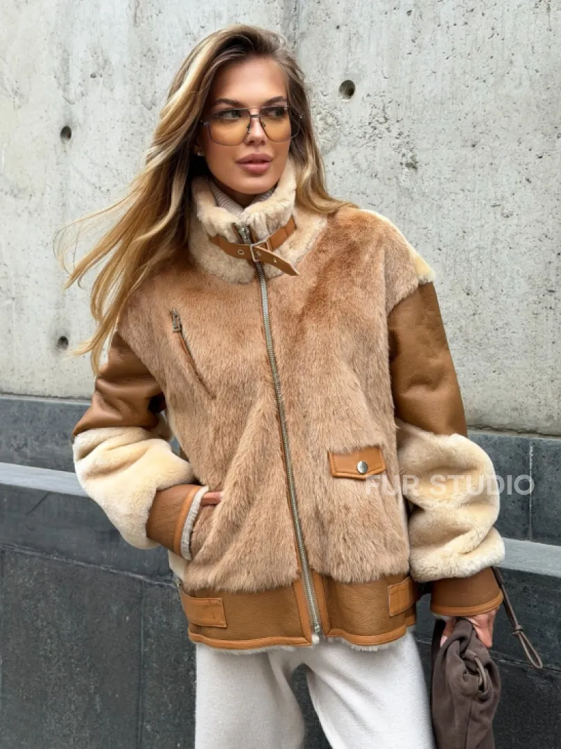 Комбинированная дубленка из овчины и норки