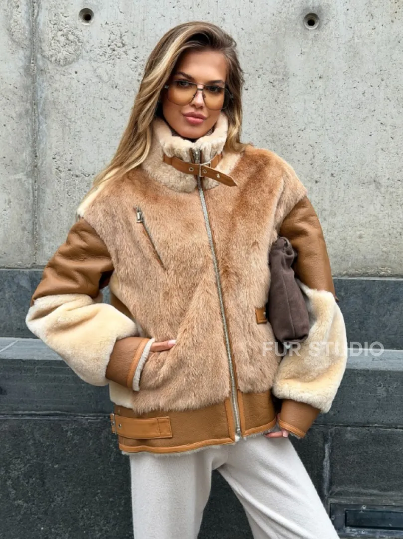 Комбинированная дубленка из овчины и норки