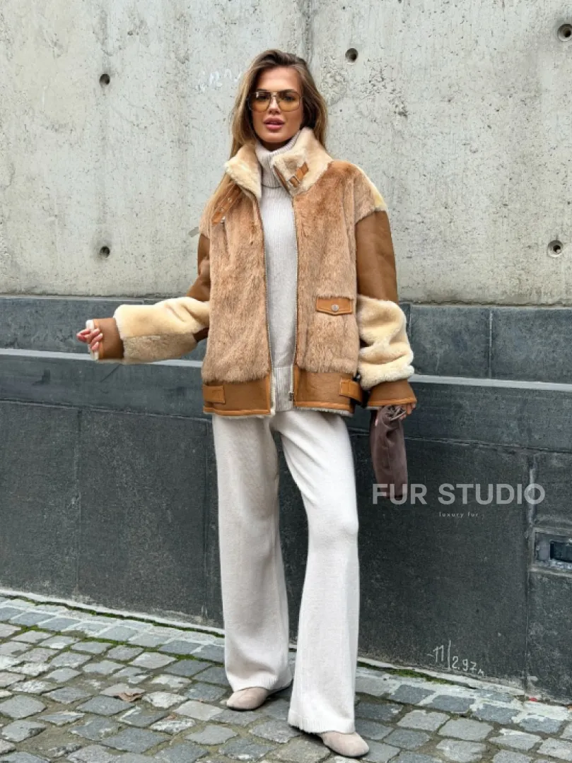 Комбинированная дубленка из овчины и норки