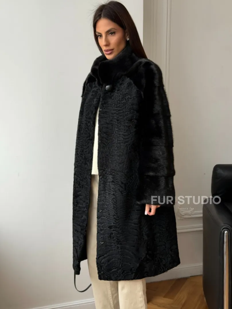 Шуба из каракуля с норкой - стойка воротник - фото 7