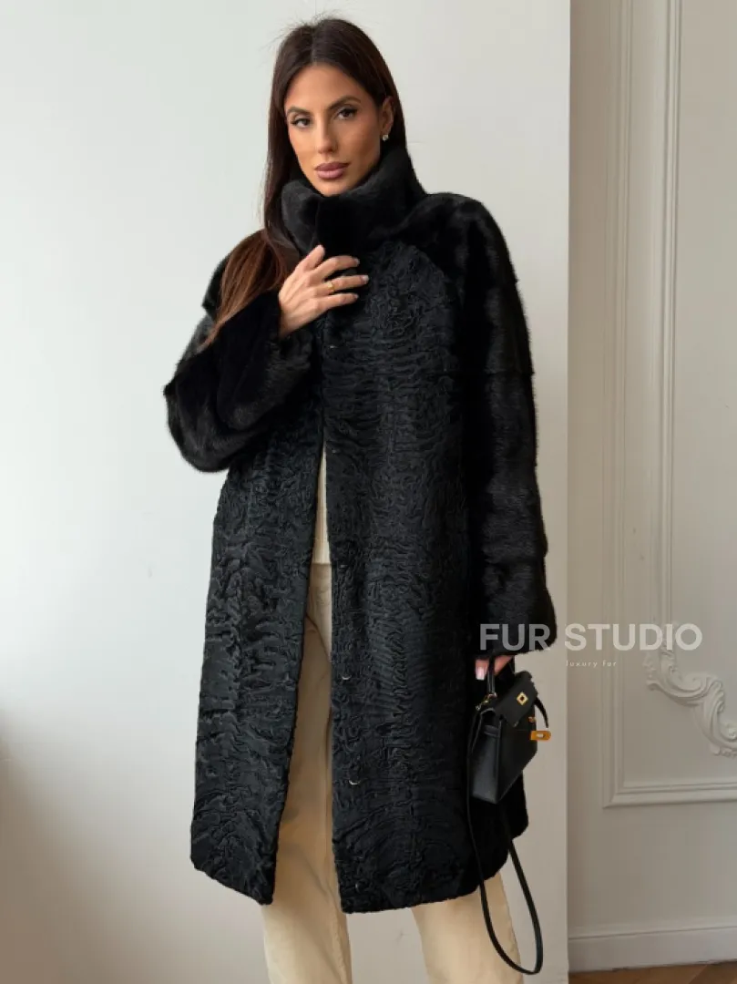 Шуба из каракуля с норкой - стойка воротник - фото 0