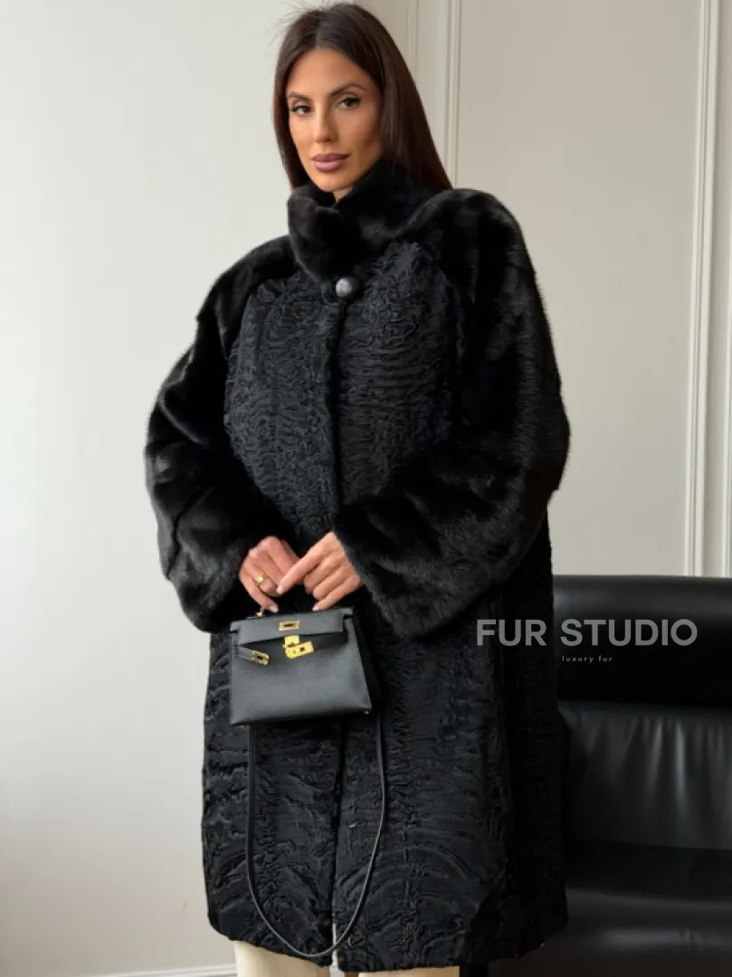 Шуба из каракуля с норкой - стойка воротник - фото 8