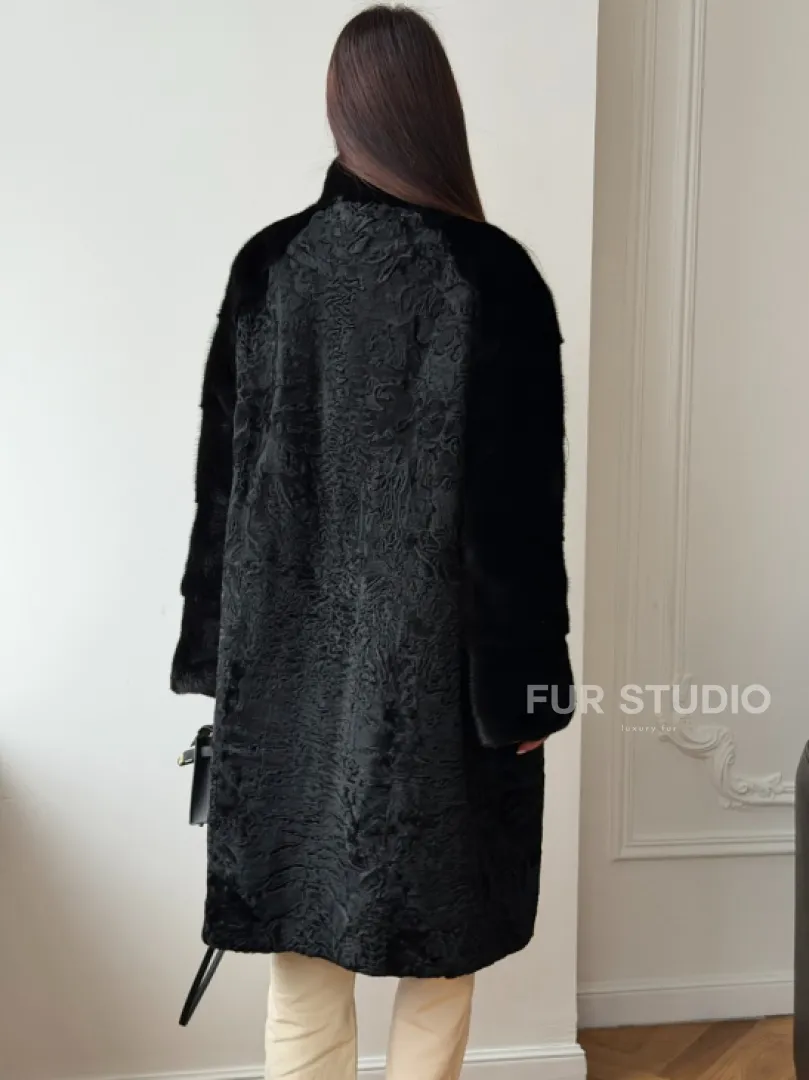 Шуба из каракуля с норкой - стойка воротник - фото 9