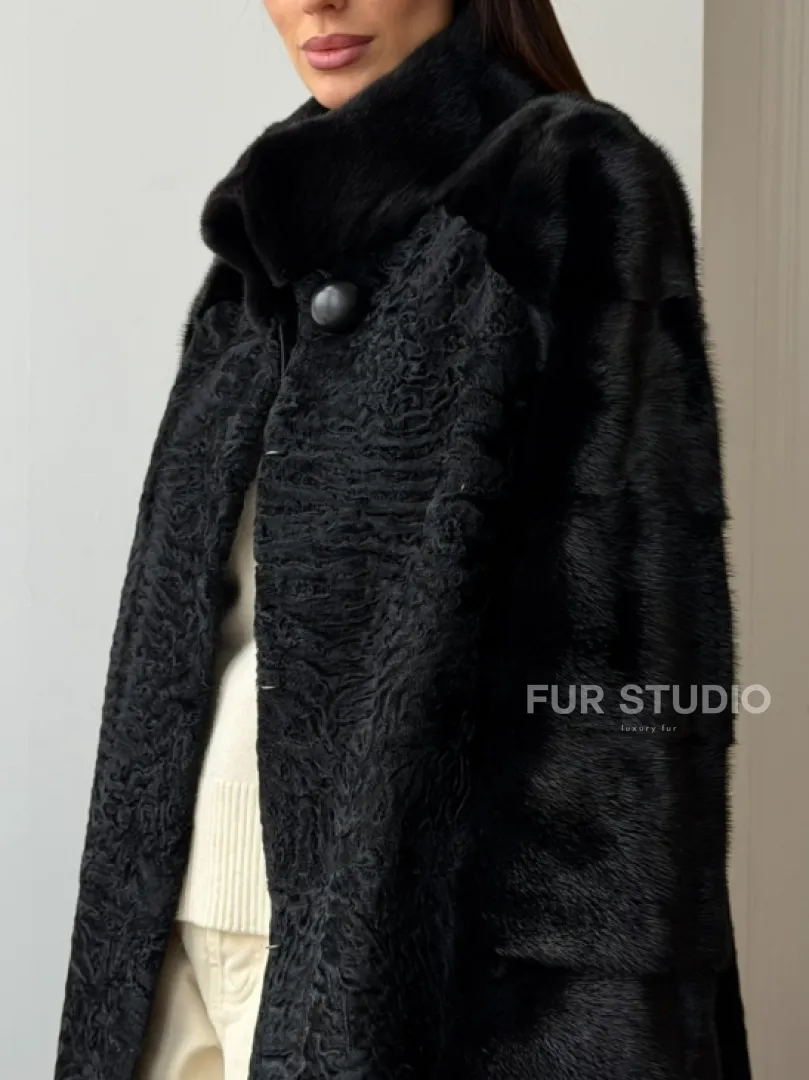 Шуба из каракуля с норкой - стойка воротник