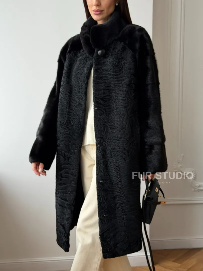 Шуба из каракуля с норкой - стойка воротник