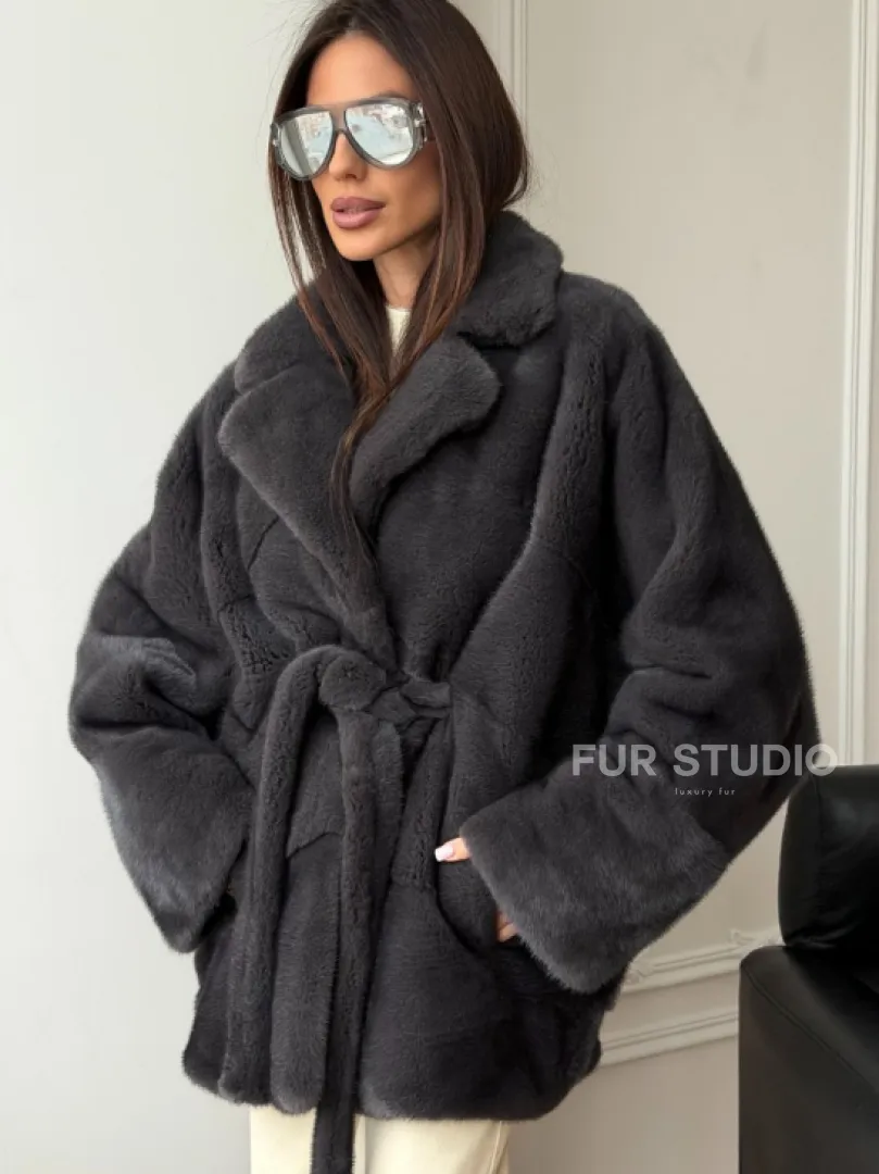 Шуба норковая летучая мышь - графит - фото 4