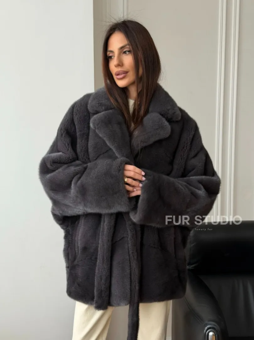 Шуба норковая летучая мышь - графит - фото 11