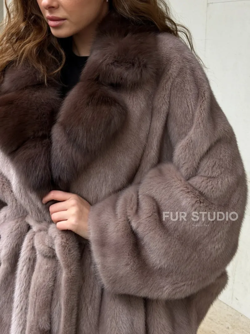 Норковая шуба летучка - воротник куница