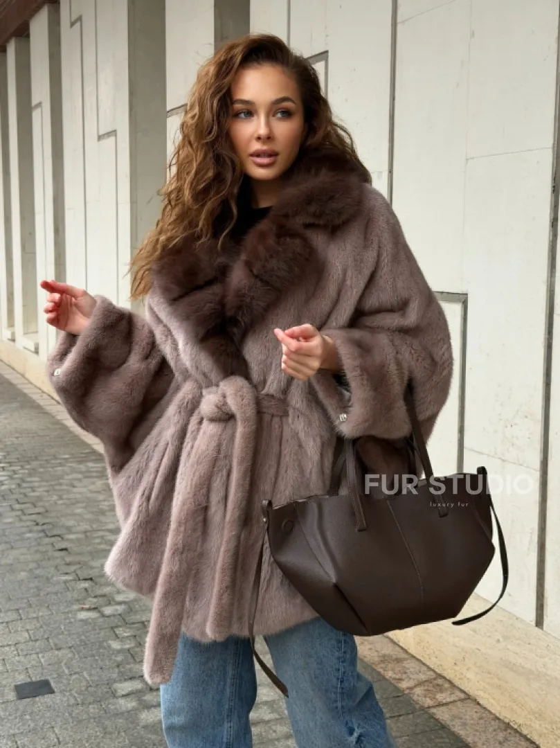 Норковая шуба летучка - воротник куница