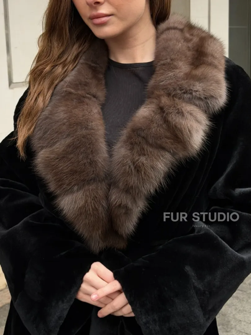 Длинная шуба из стриженой норки с воротником куница - фото 2