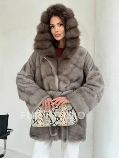 Серый норковый полушубок - капюшон куница - фото 5