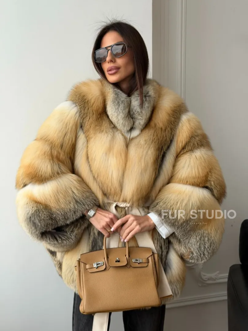 Шуба - пончо из лисы с поясом - фото 14