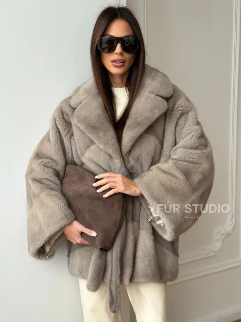 Норковый полушубок в натуральном цвете Silver - фото 10