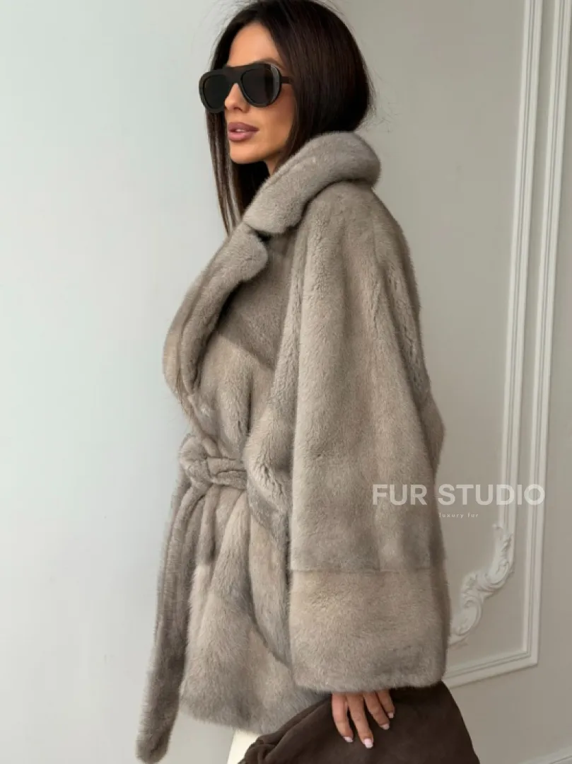 Норковый полушубок в натуральном цвете Silver