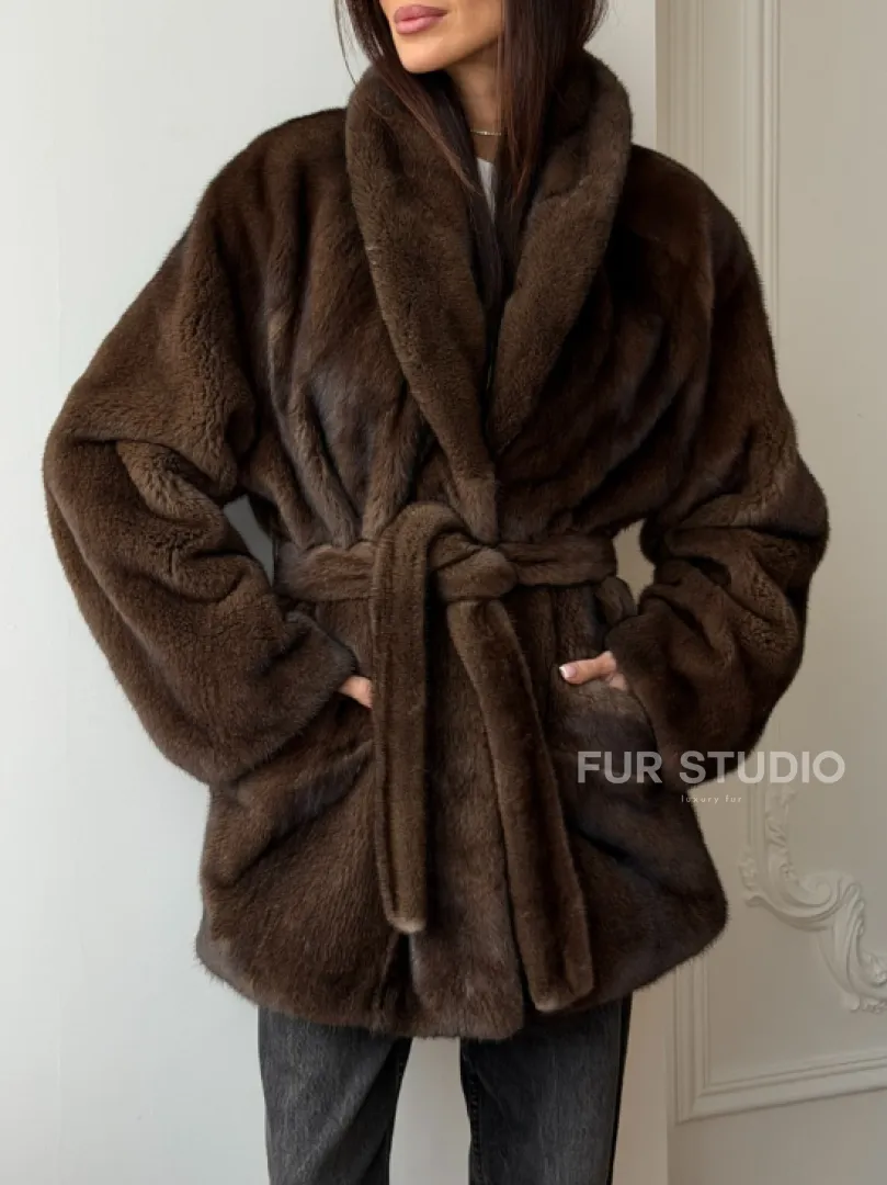 Коричневая норковая шуба под пояс - воротник шаль - фото 3