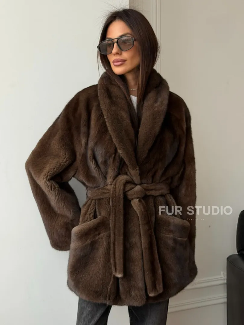 Коричневая норковая шуба под пояс - воротник шаль - фото 11