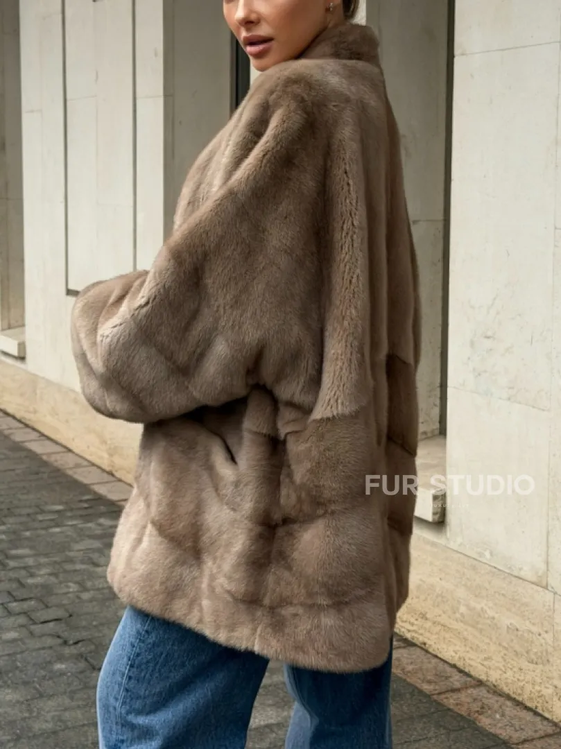 Норковый полушубок пастель V-образный воротник - фото 4