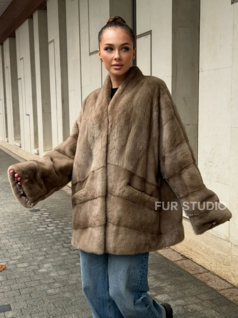 Норковый полушубок пастель V-образный воротник - фото 9