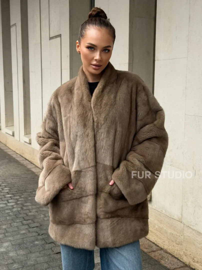 Норковый полушубок пастель V-образный воротник - фото 0