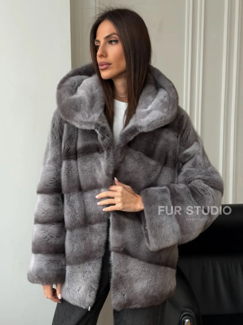 Норковый полушубок с капюшоном - цвет Platinum - фото 0