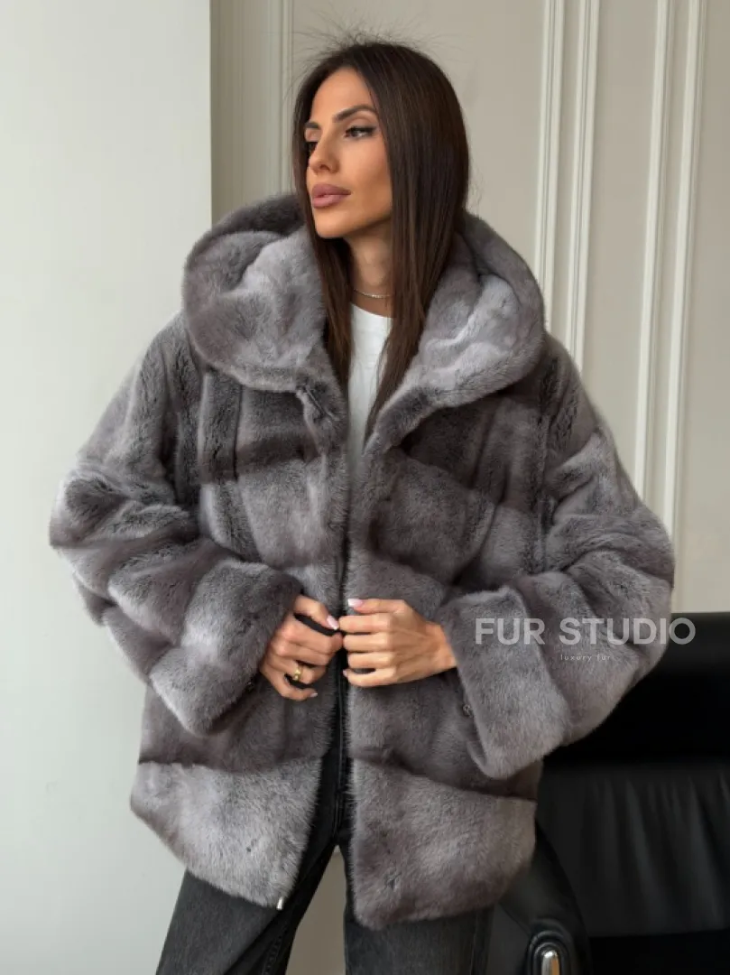 Норковый полушубок с капюшоном - цвет Platinum