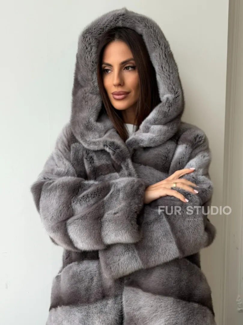 Норковый полушубок с капюшоном - цвет Platinum