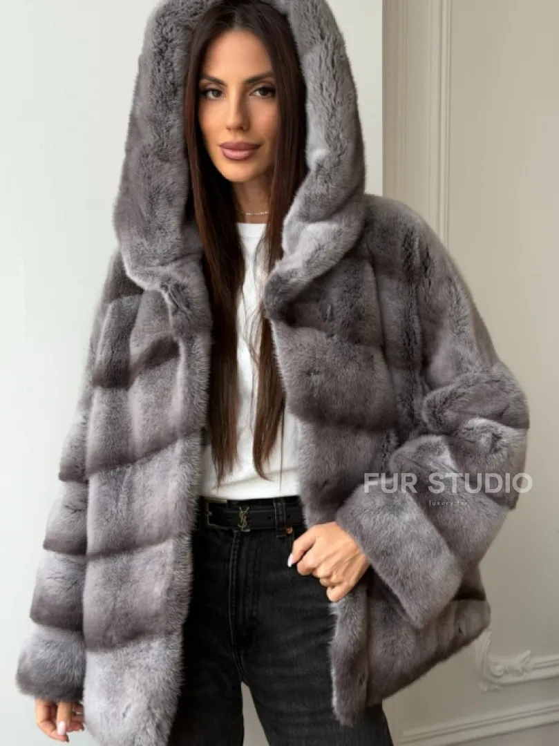 Норковый полушубок с капюшоном - цвет Platinum - фото 7