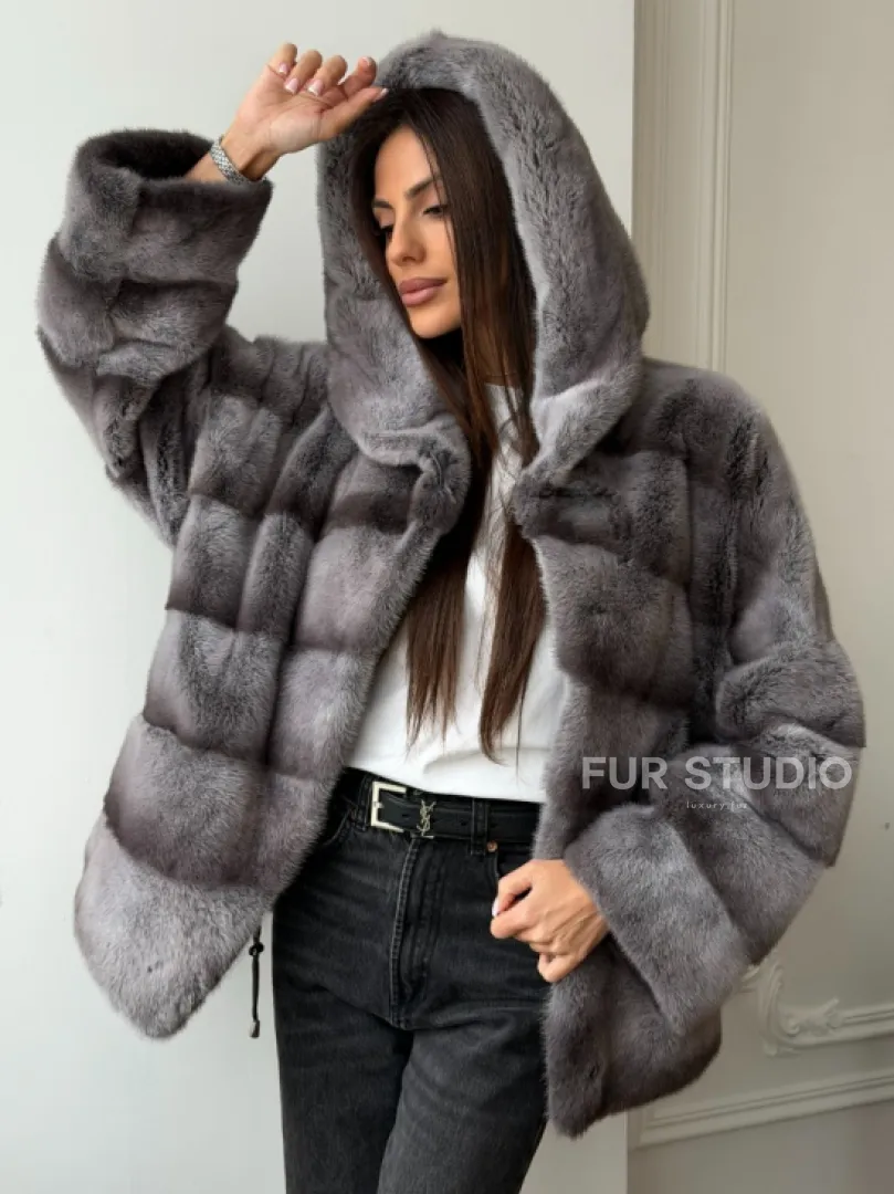 Норковый полушубок с капюшоном - цвет Platinum - фото 10