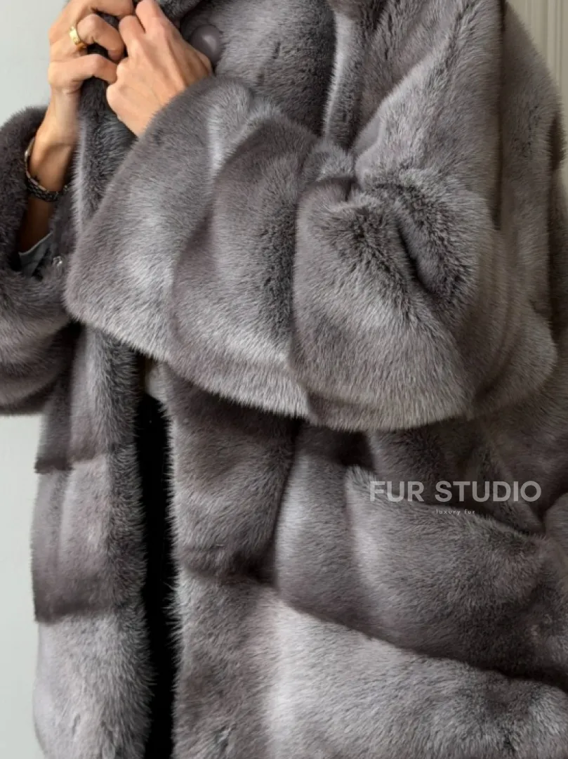 Норковый полушубок с капюшоном - цвет Platinum - фото 1