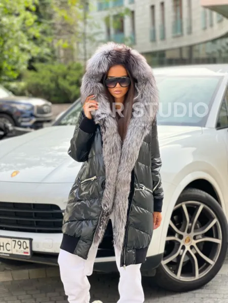 Пуховое пальто с меховым капюшоном из чернобурой лисы - фото 5