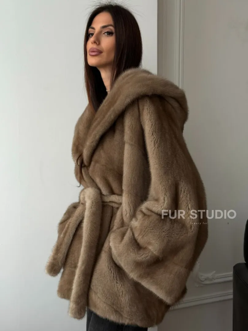 Норковая шуба пастель с капюшоном - фото 8