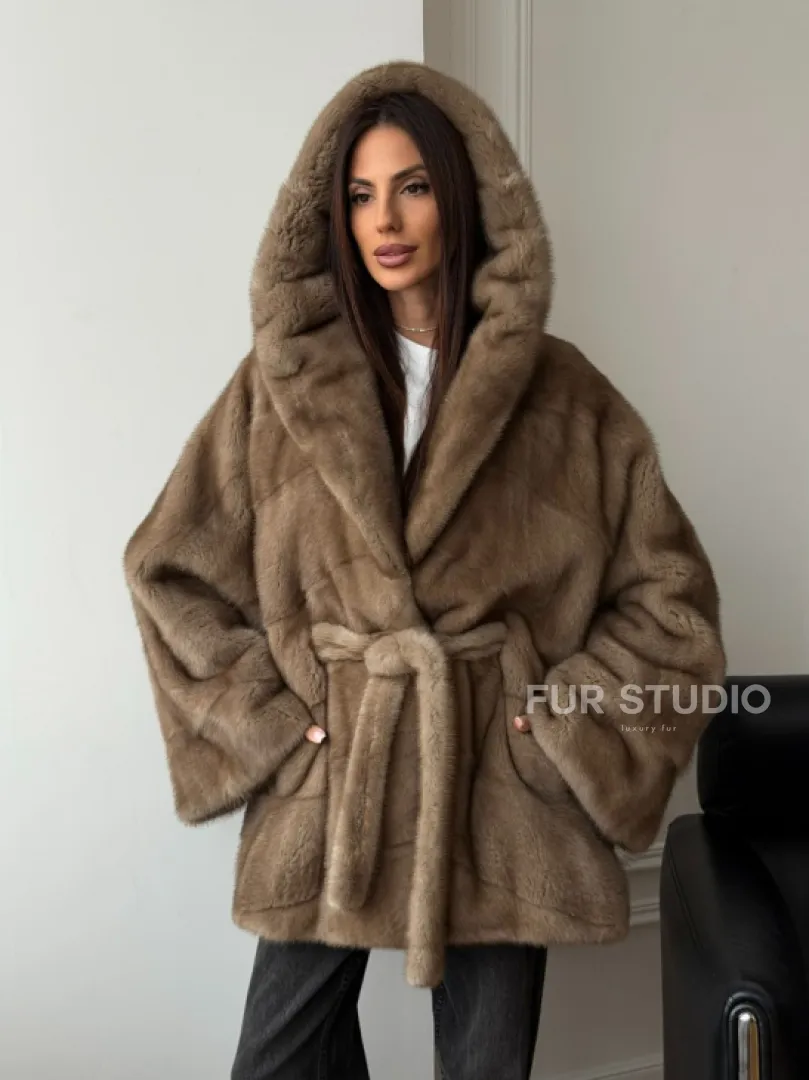 Норковая шуба пастель с капюшоном - фото 12