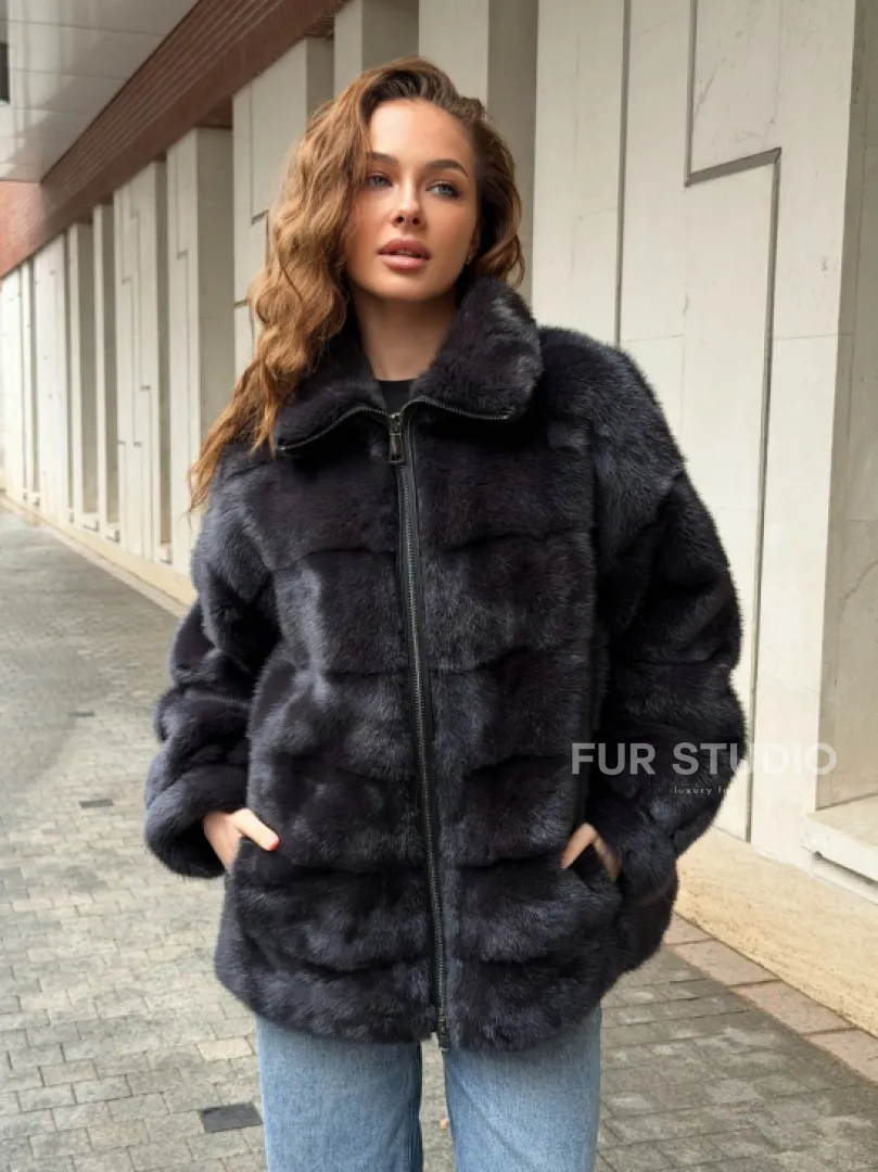 Норковая куртка на молнии - графит