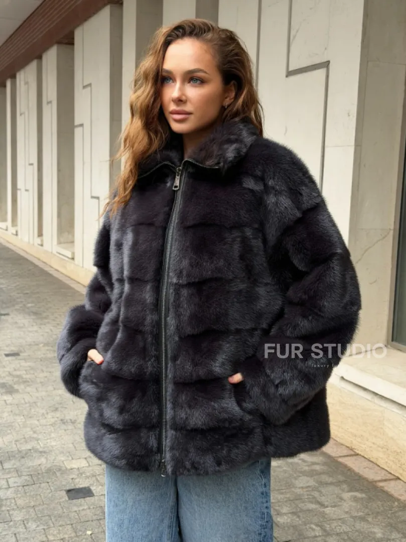 Норковая куртка на молнии - графит
