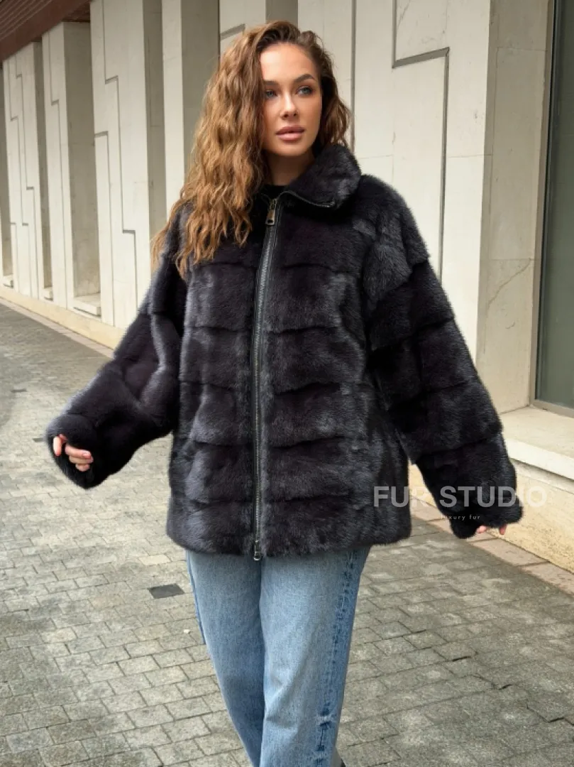 Норковая куртка на молнии - графит - фото 4