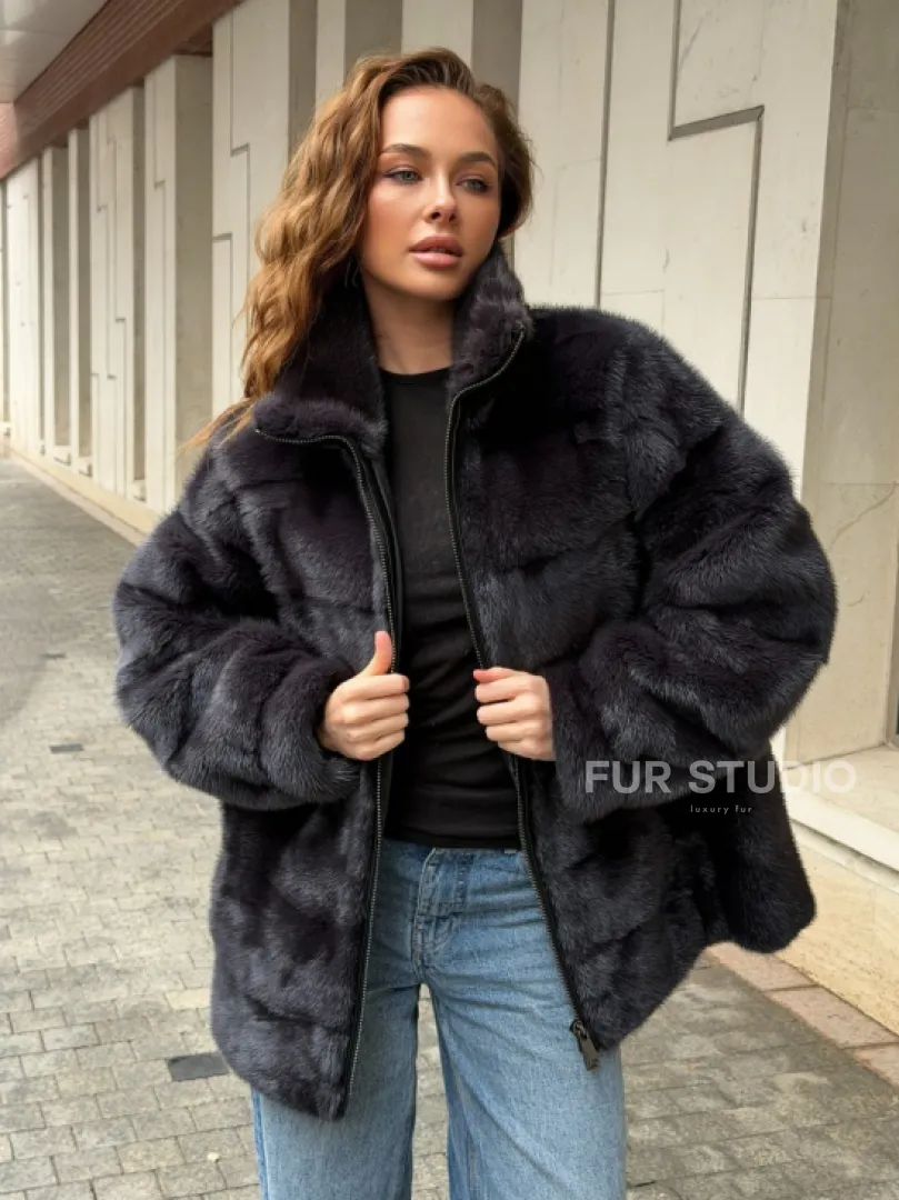 Норковая куртка на молнии - графит - фото 8