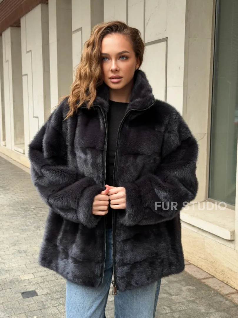 Норковая куртка на молнии - графит