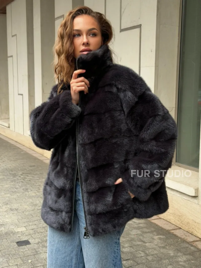 Норковая куртка на молнии - графит - фото 0