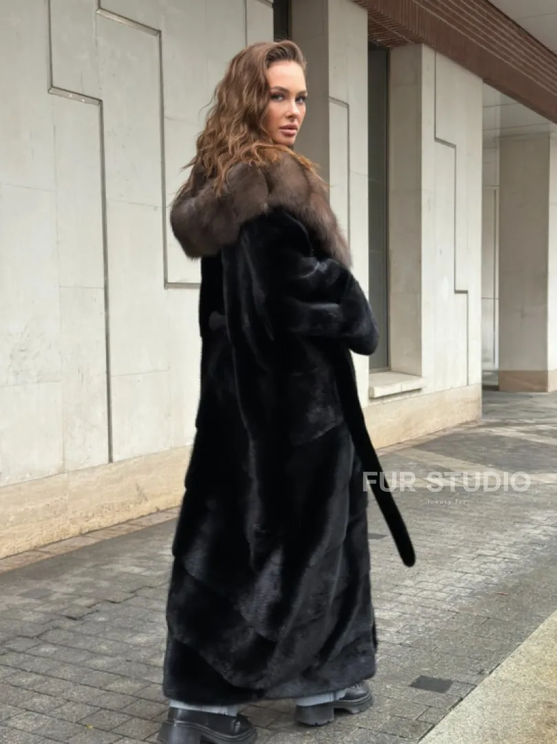 Длинная норковая шуба - кимоно с капюшоном куница - фото 10