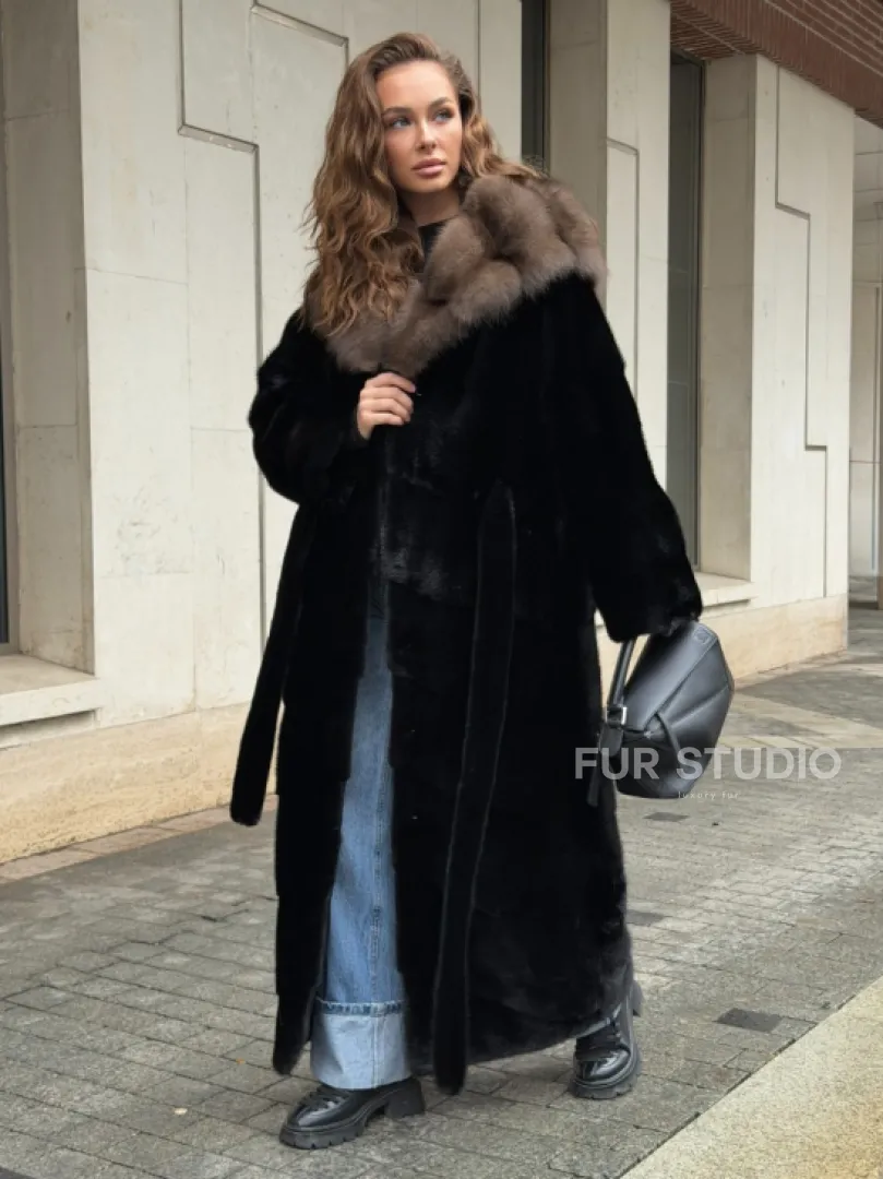 Длинная норковая шуба - кимоно с капюшоном куница