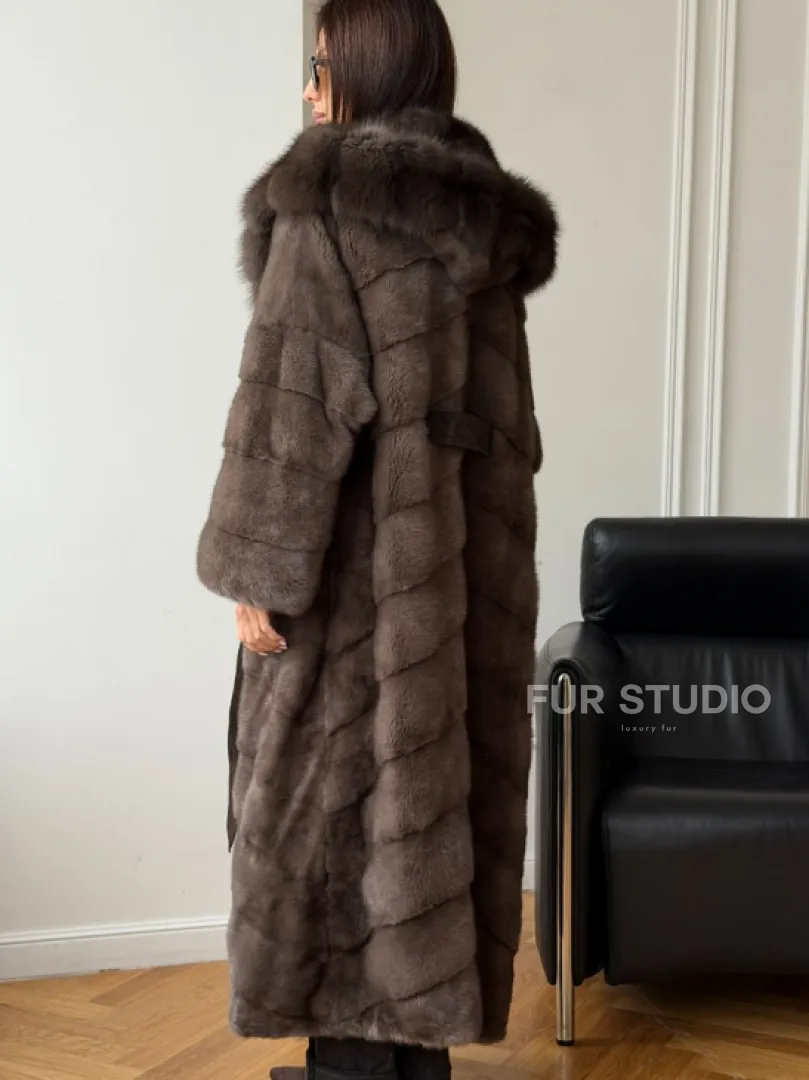 Шуба-кимоно с капюшоном куница - фото 1