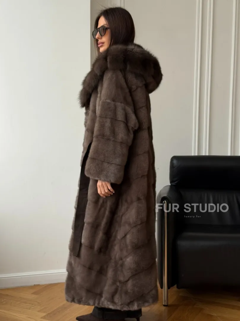 Шуба-кимоно с капюшоном куница