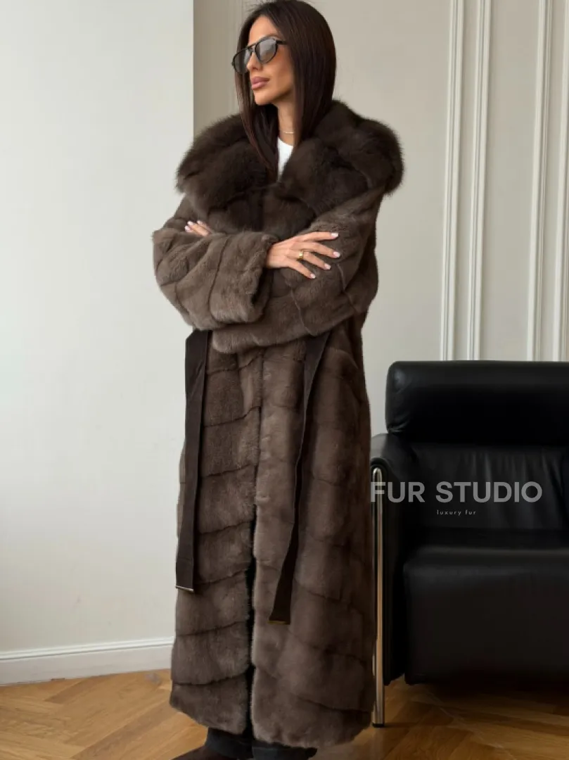 Шуба-кимоно с капюшоном куница - фото 2