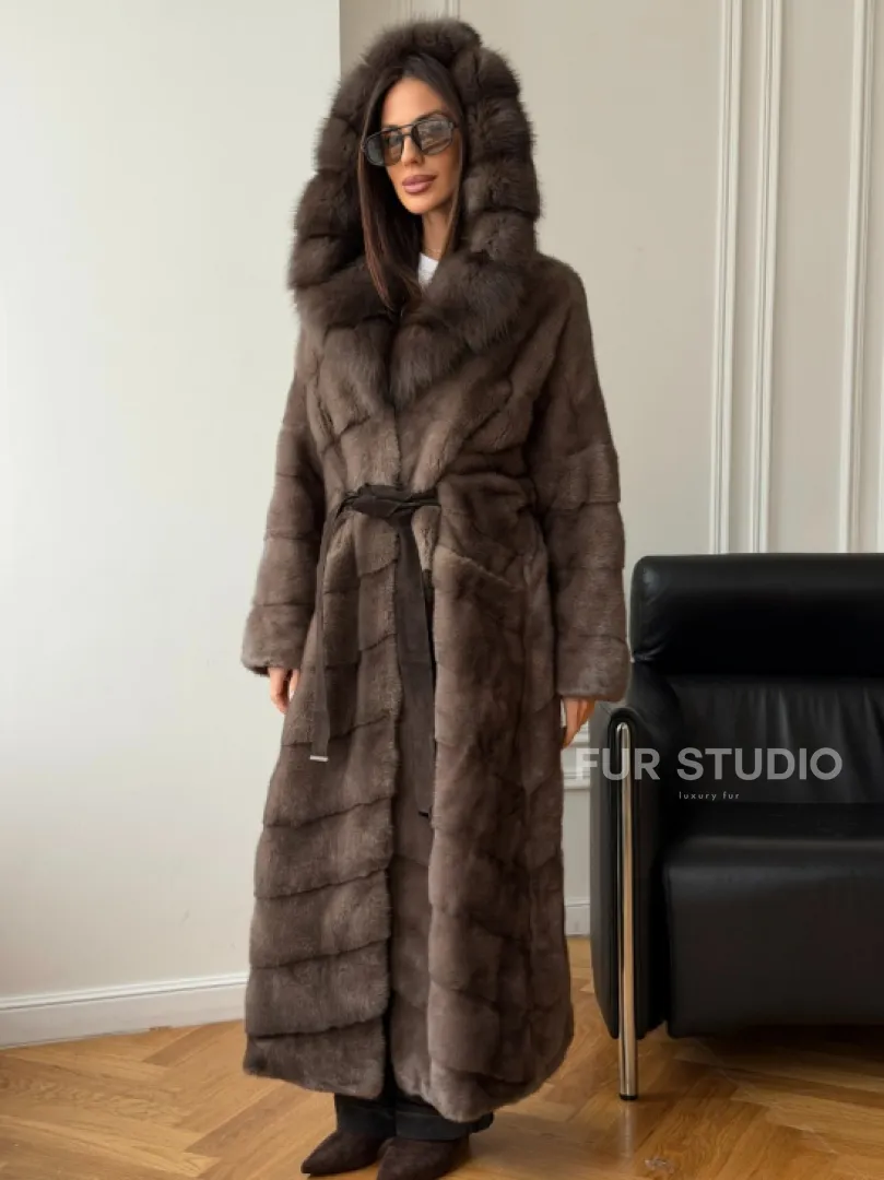 Шуба-кимоно с капюшоном куница - фото 7