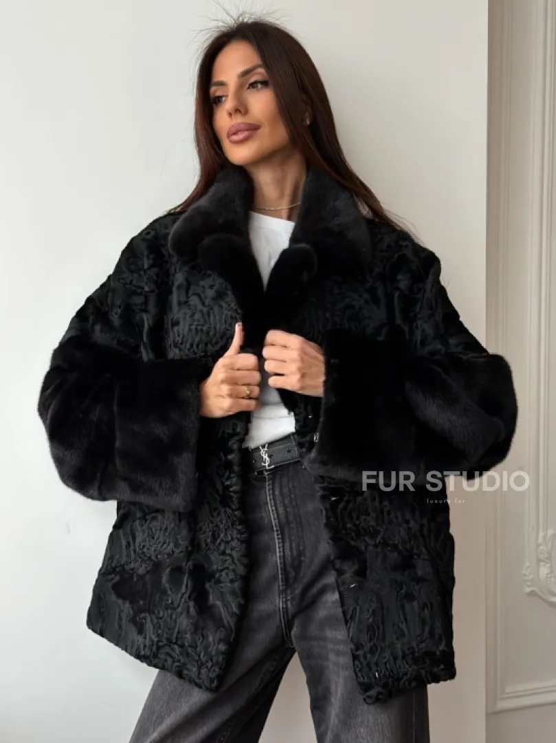 Полушубок из каракуля с норкой