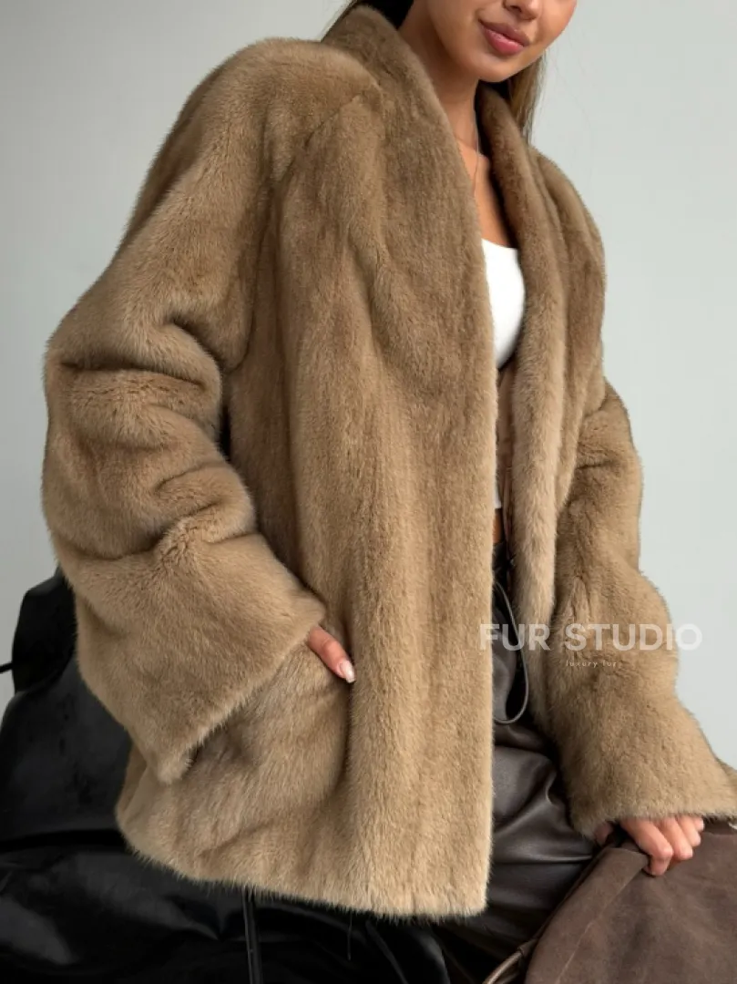 Норковый полушубок V-образный воротник - фото 1