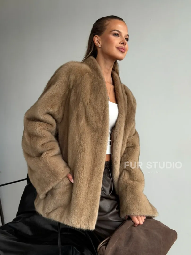 Норковый полушубок V-образный воротник - фото 8