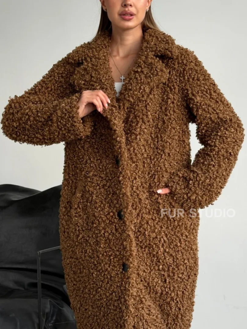 Коричневая двухсторонняя дубленка из экомеха - фото 4